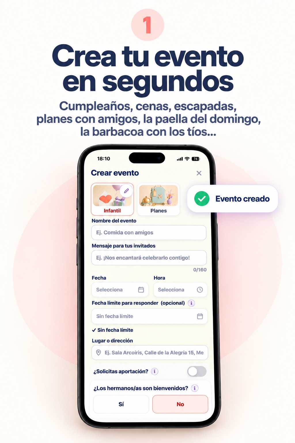 Mockup del formulario de creación de eventos con las opciones Infantil y Planes