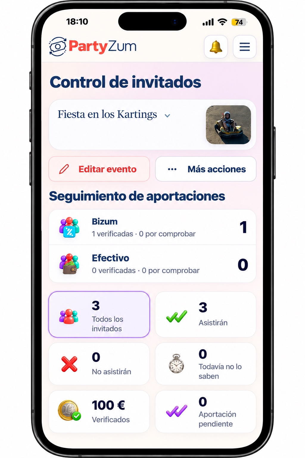 Mockup del control de invitados y del seguimiento de aportaciones