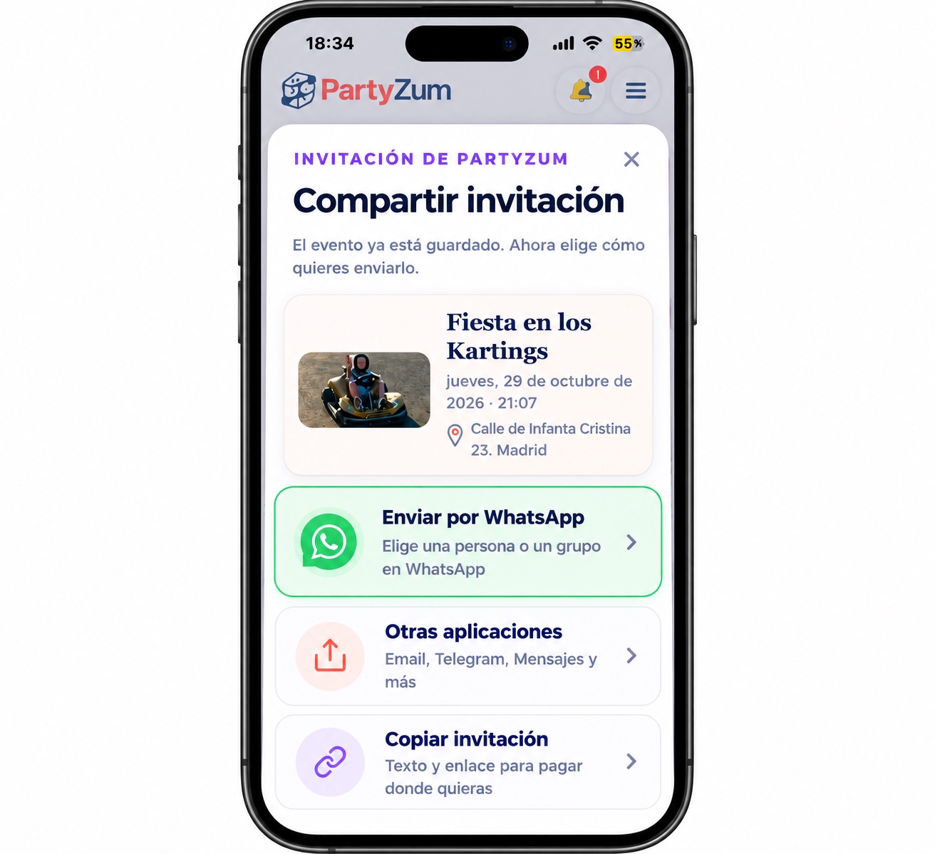 Mockup para compartir una invitación por WhatsApp, otras aplicaciones o copiarla